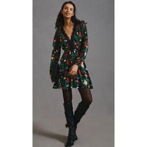 Anthropologie 6 Dress Black Lace Trim V Neck Lacey Floral Long Sleeve Tie Back